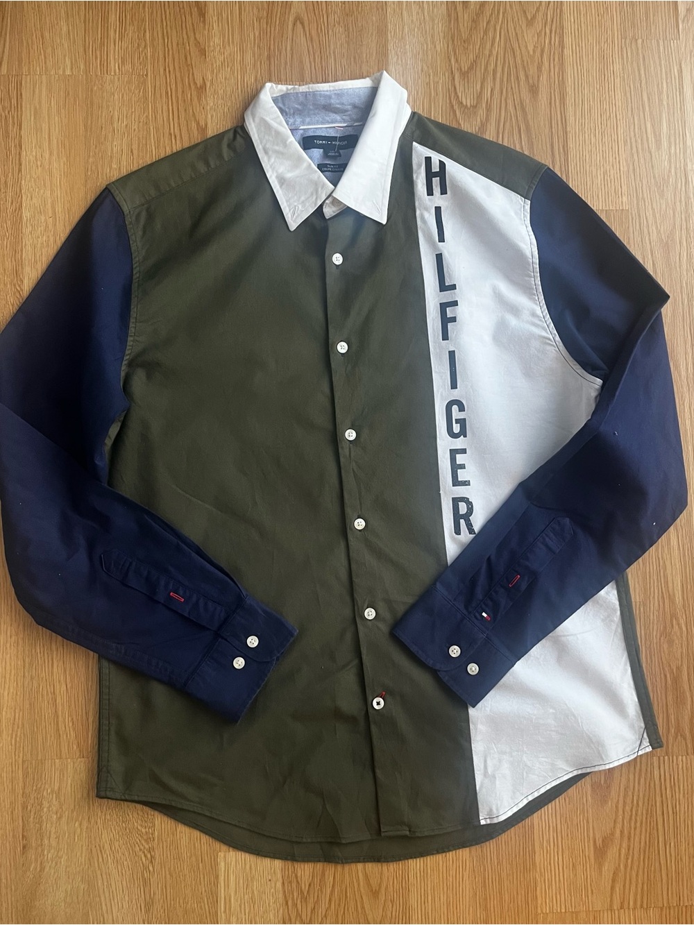 Tommy Hilfiger Olive, Navy & White Colorblock Button-Down Shirt